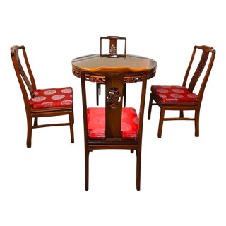 1980s Solid Honey Rosewood, Round Bird & Flower Carved 5 Piece Dining Set For Sale