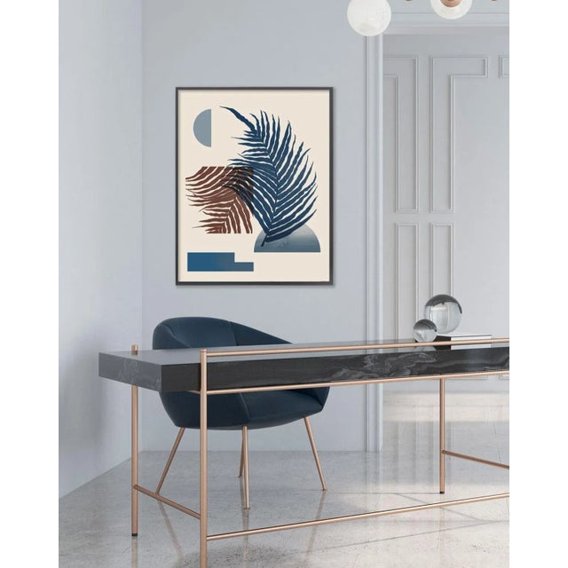 This Art Deco-inspired collage uses geometric shapes, botanical specimens, and ocean photography in a range of blues and...