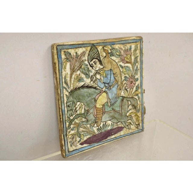 Antique Persian Iznik Qajar Style Ceramic Pottery Square Tile Hunter & Horse C4 For Sale In Philadelphia - Image 6 of 10