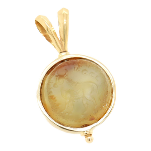 Antique Taurus Zodiac Carved Agate Intaglio Bead Mounted as a 14k Gold Pendant