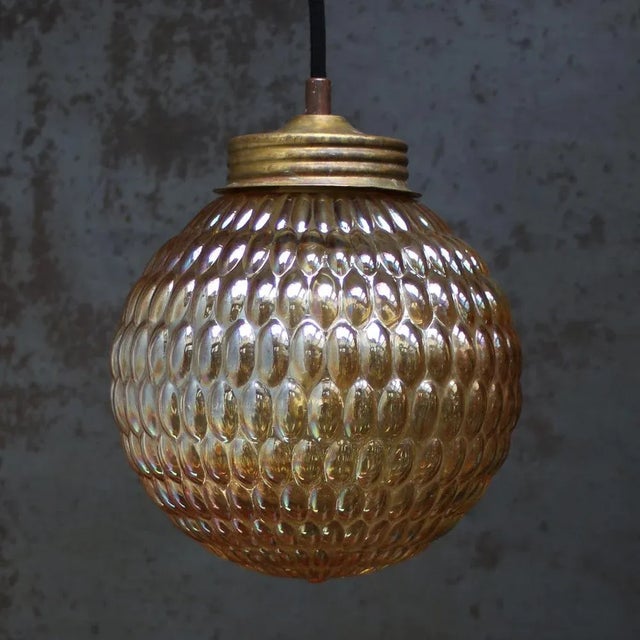 Mid-Century Brass Top Pendant Lights in Amber Glass For Sale - Image 5 of 7