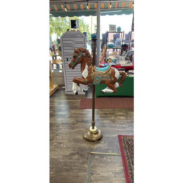 Hand Painted Antique Carousel Horse With Brass Torchiere Stand For Sale - Image 11 of 16
