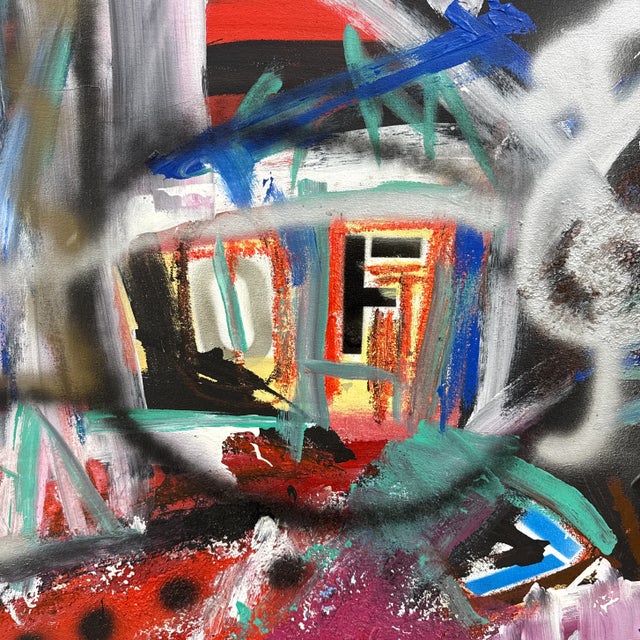 Wood Vintage Abstract Graffiti Style Street Life Abstract Painting by Listed Artist Cecilia Mayr “Sneakers & Makeup" Framed For Sale - Image 7 of 12