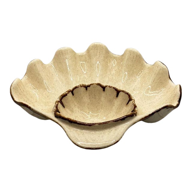 Brown Ceramic Oyster Dip and Chip Serving Platter For Sale