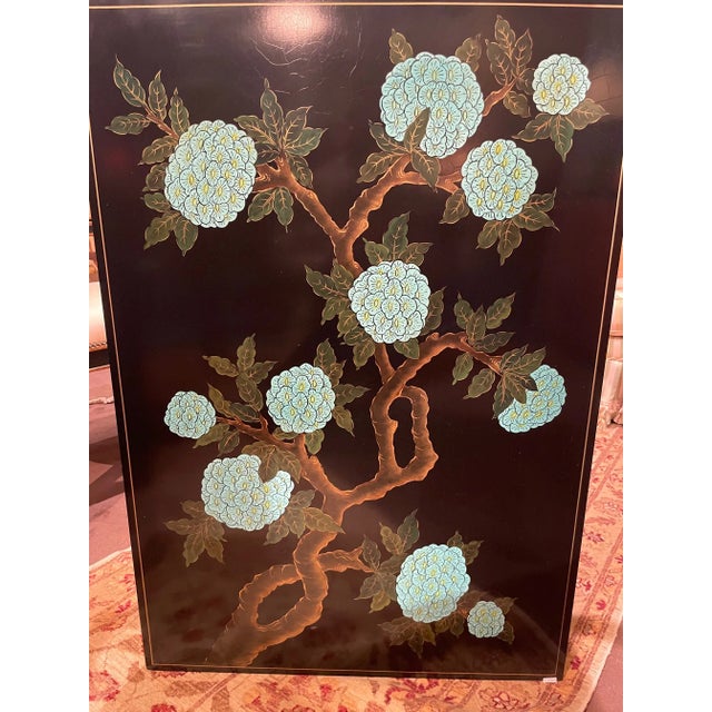 Chinese Black Lacquer Coffee Table With Large Turquoise Flower and Vine Motif by Baker Furniture For Sale - Image 3 of 6