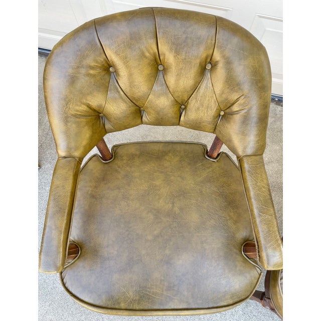 Set of Four Vintage Lewittes Tufted Sage Vinyl Club/Conference Chairs With Brass Casters For Sale - Image 12 of 17