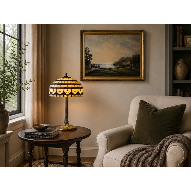 Vintage Tiffany Revival Leaded Stained Glass Table Lamp With Cast Brass Tree-Form Base For Sale In Boston - Image 6 of 12