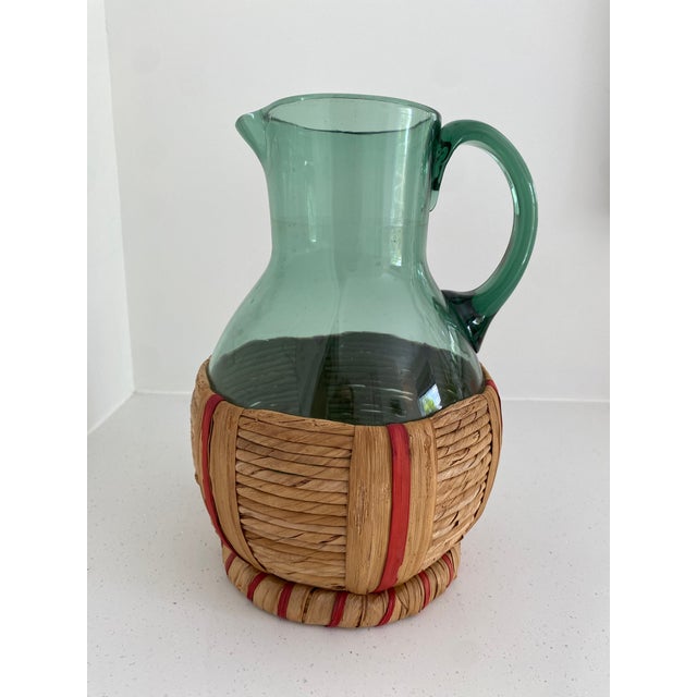 Vintage Green Blown Glass Pitcher With Woven Rattan Wrap For Sale In Philadelphia - Image 6 of 6