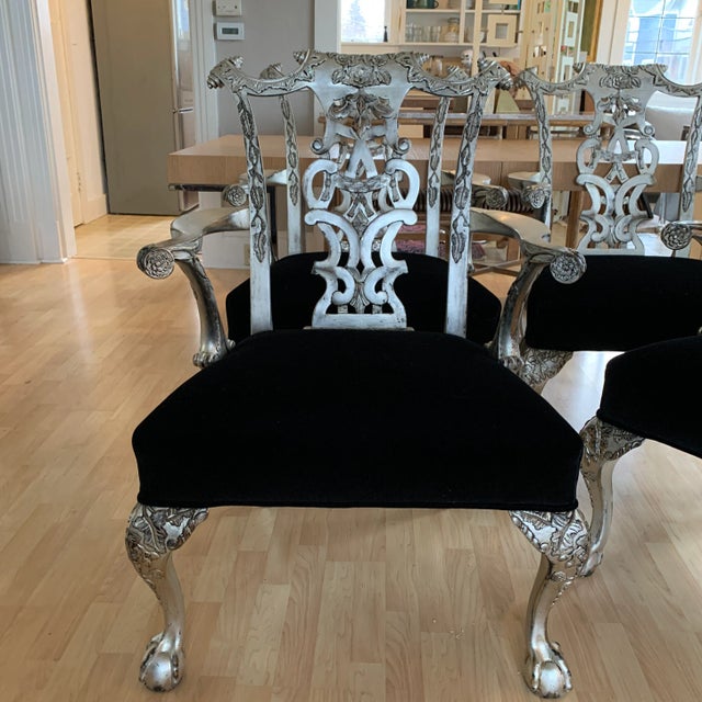 William Switzer Arm Chairs, beechwood base with an aged silver leaf finish -beautiful black velvet/mohair-like upholstery...