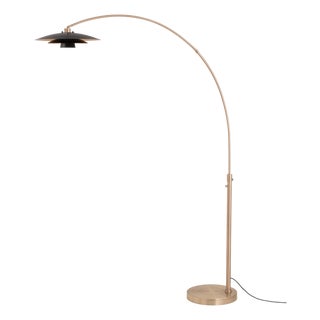 Rancho Mirage Float Arc Lamp - Weathered Brass, Fleur Matte Black/Gold Shade, Mid Century Floor Lamp, Steel Base For Sale
