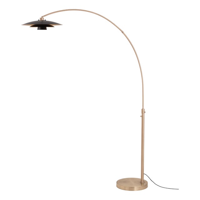 Rancho Mirage Float Arc Lamp - Weathered Brass, Fleur Matte Black/Gold Shade, Mid Century Floor Lamp, Steel Base For Sale