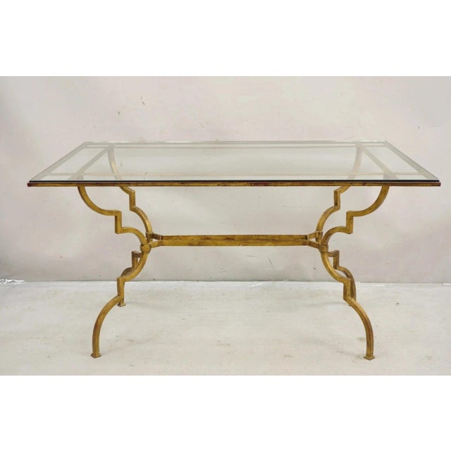 Hollywood Regency Vintage Italian Hollywood Regency Iron Gold Gilt Lattice Dining Set - 7 Pc Set For Sale - Image 3 of 14