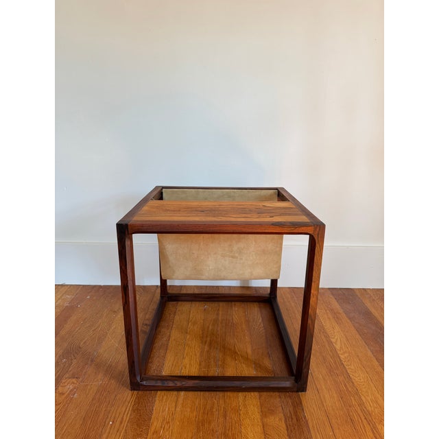 1960 Brazilian rosewood cube shaped magazine rack with original suede sling attributed to Kai Kristiansen