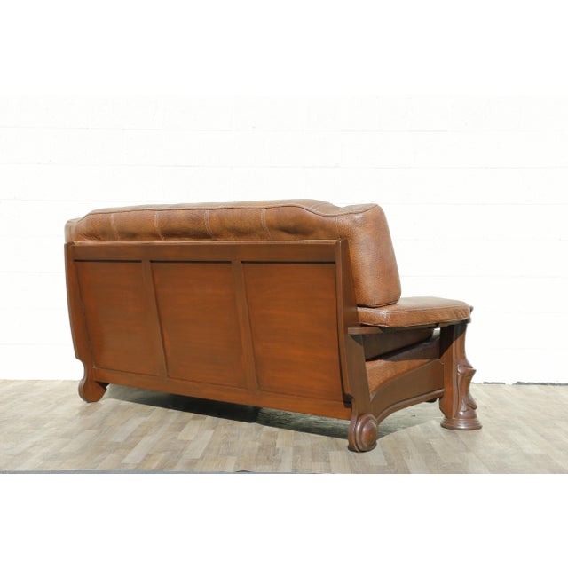 Vintage 1970s Brown Leather Sofa With Sculptural Wood Frame, Attached Cushions & Postmodern Modernist Design For Sale - Image 10 of 18