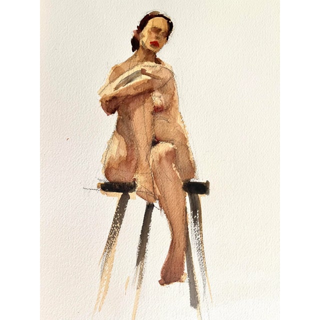 Figurative Vintage Watercolors Double Sided Seated Female Nude and Seated Male Nude by Harry Barton For Sale - Image 3 of 8