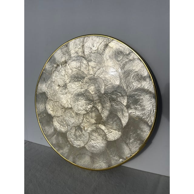 Mid 20th Century Natural Capiz Shell and Cork Round Placemat Chargers With Brass Rims - Set of 6 For Sale - Image 12 of 12