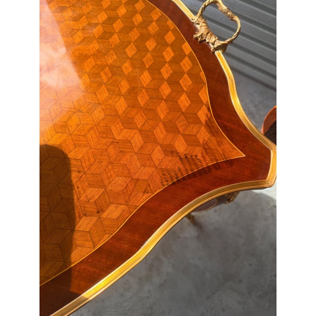 Brown Vintage Louis XV Marquetry Serving Table Rolling Wheels For Sale - Image 8 of 8