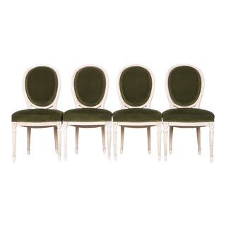 Antique French Louis XVI Style Painted Dining Chairs W/ Green Velvet - Set of 4 For Sale