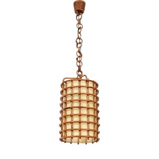 Vintage Pendant Light in Parchment with Rattan and Wicker by Louis Sognot, France, 1960s For Sale