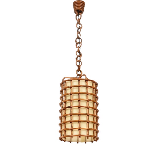 Vintage Pendant Light in Parchment with Rattan and Wicker by Louis Sognot, France, 1960s For Sale