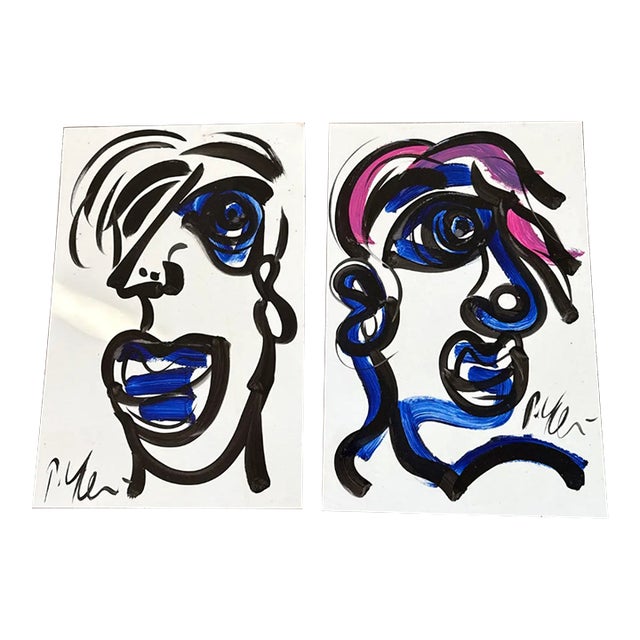 20th Century Cubist Profile Paintings by Peter Keil a Pair For Sale