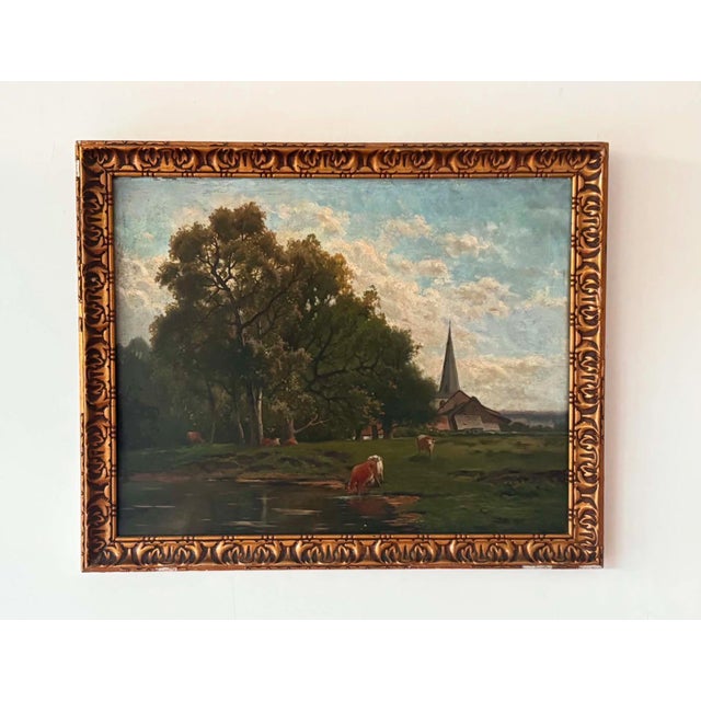 Pastoral Landscape, Oil Painting on Wood Panel, Framed For Sale - Image 10 of 11