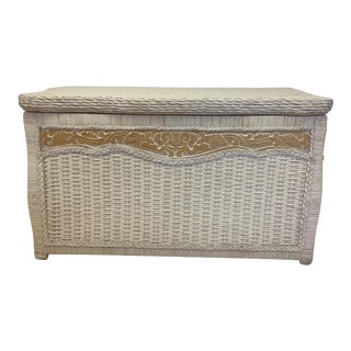 1980s Vintage Wicker and Wood Bench Chest For Sale
