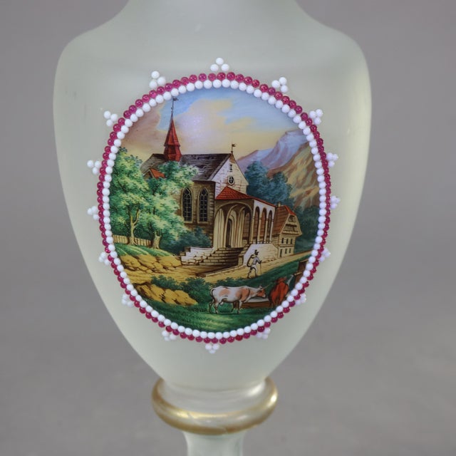 White Pair of Antique Scenic Hand Painted Glass Clamshell Vases Circa 1890 For Sale - Image 8 of 9