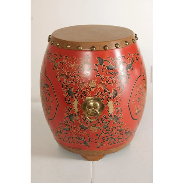 Mid 20th Century Asian Inspired Pair Hand Painted Wooden Drum Stools For Sale - Image 5 of 12