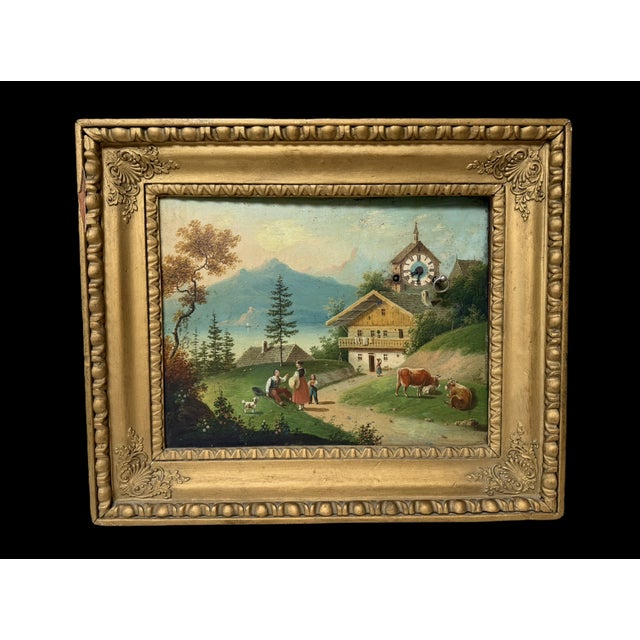 19th Century Biedermeier Picture Clock, Austria Rare early 1800's Picture Clock features a bucolic village scene in the...