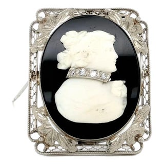 Mid 20th Century 14k White Gold Vintage Cameo Pin Pendant Diamond Onyx Floral Filigree For Sale