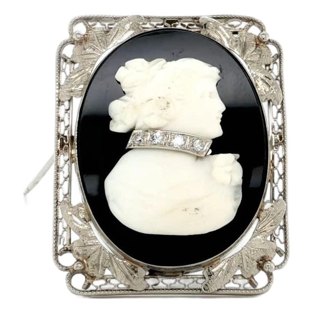 Mid 20th Century 14k White Gold Vintage Cameo Pin Pendant Diamond Onyx Floral Filigree For Sale
