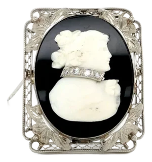 Mid 20th Century 14k White Gold Vintage Cameo Pin Pendant Diamond Onyx Floral Filigree