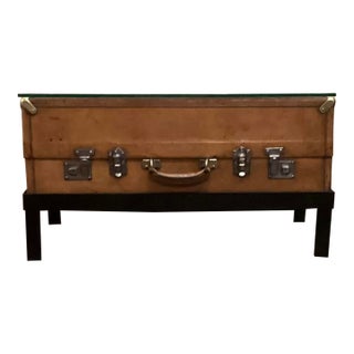 Early 20th C Leather Trunk Repurposed as a Coffee W Glass Top For Sale