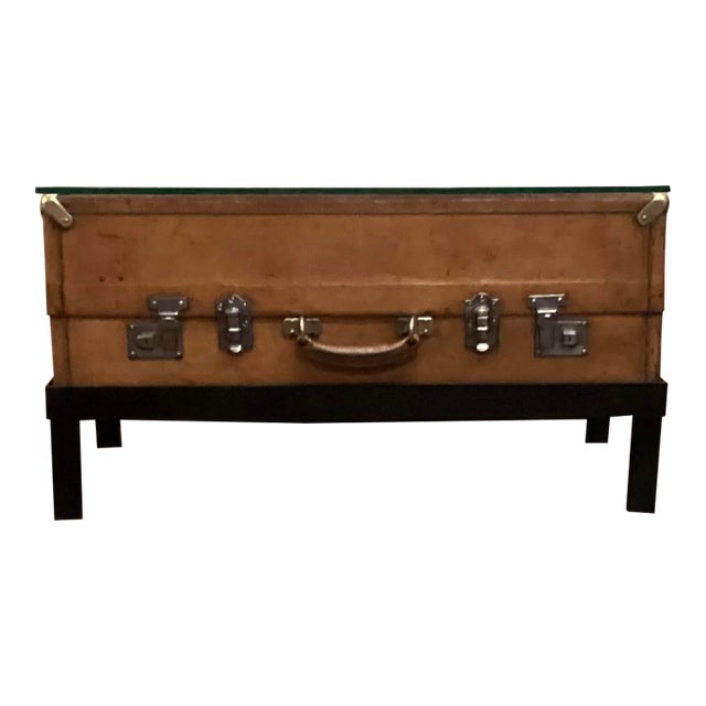 Early 20th C Leather Trunk Repurposed as a Coffee W Glass Top For Sale