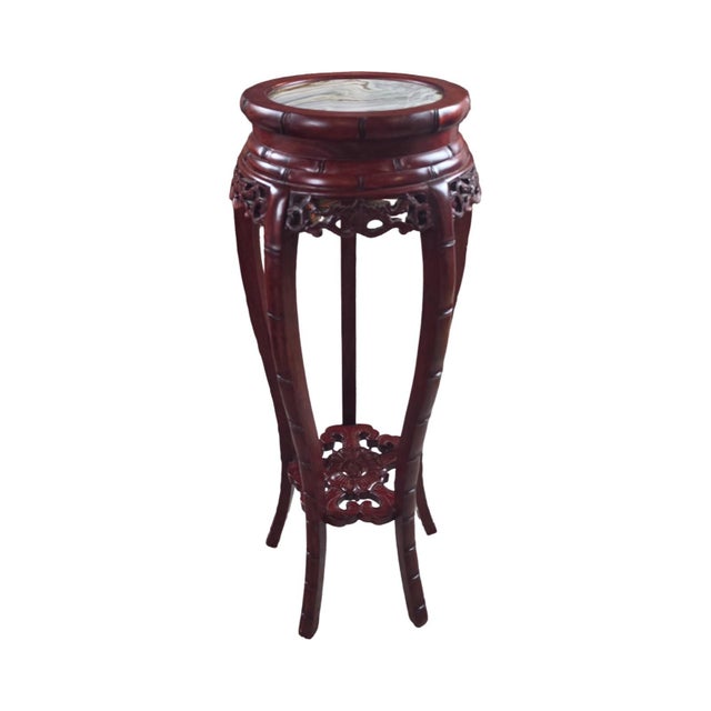 Vintage Chinese Carved Mahogany Marble-Top Pedestal Plant Stand For Sale - Image 9 of 10