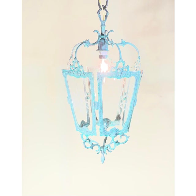 Art Deco Antique Style Solid Brass Hanging Hallway Lantern W/ Etched Starburst Glass For Sale - Image 3 of 16