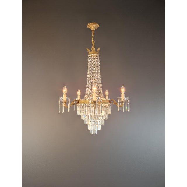 Art Deco Antique Italian Neoclassical Crystal Chandelier Brass Original Wooden Sockets For Sale - Image 3 of 11