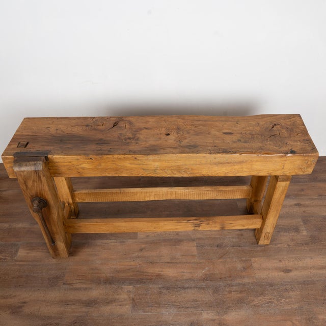 French Country Antique Rustic French Carpenter's Workbench Console Table For Sale - Image 3 of 15