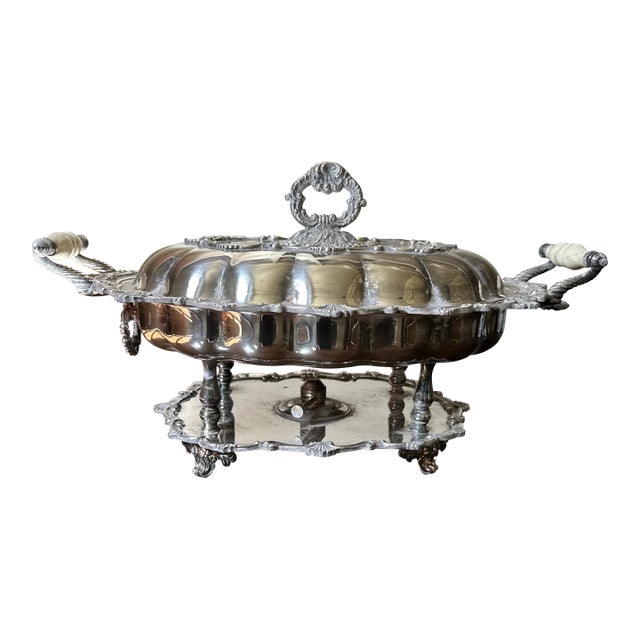Late 19th Century Large Silver Plate Covered Chafing Dish Stand Sheridan Continental Party For Sale