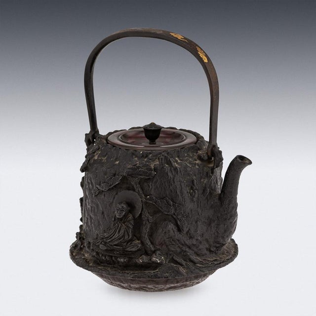 Antique Japanese Cast Iron Seiryudoa Carved Tetsubin Kettle, 1890s For Sale - Image 3 of 18