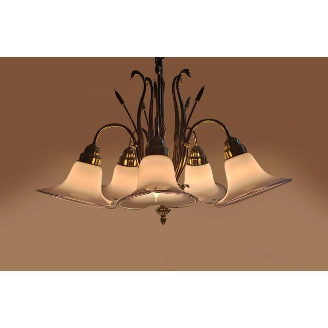 Metal Mid 20th Century Art Deco Brass Swans & Cattails Murano Calla Lily Chandelier Attributed to Franco Luce For Sale - Image 7 of 8