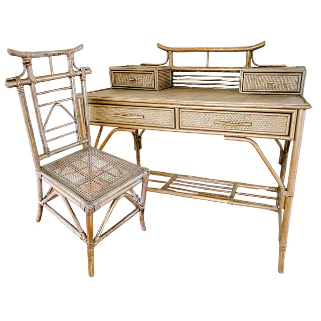 Mid-Century Hollywood Regency Bamboo & Rattan Pagoda Writing Desk and Chair Set - 2 Piece For Sale - Image 11 of 11