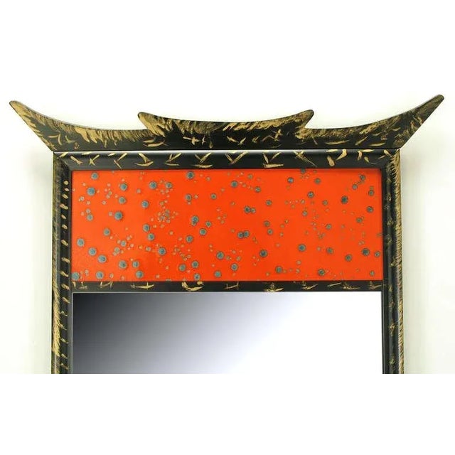 Falconer Plate Glass Corp. Parcel-Gilt Pagoda Style Enameled Panel Trumeau Mirror For Sale - Image 4 of 8