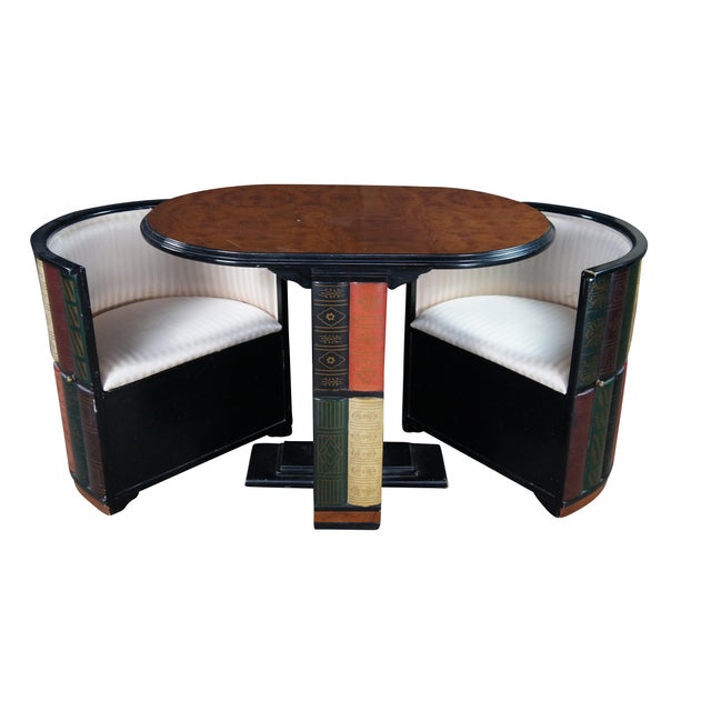 The set initially appears to be a solid bookshelf. The two outer sections slide apart to function as cushioned barrel...