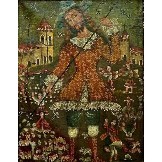Cuzco School Oil on Canvas Painting of San Isidoro the Laborer, patron saint of farmers and peasants. The saint is shown...