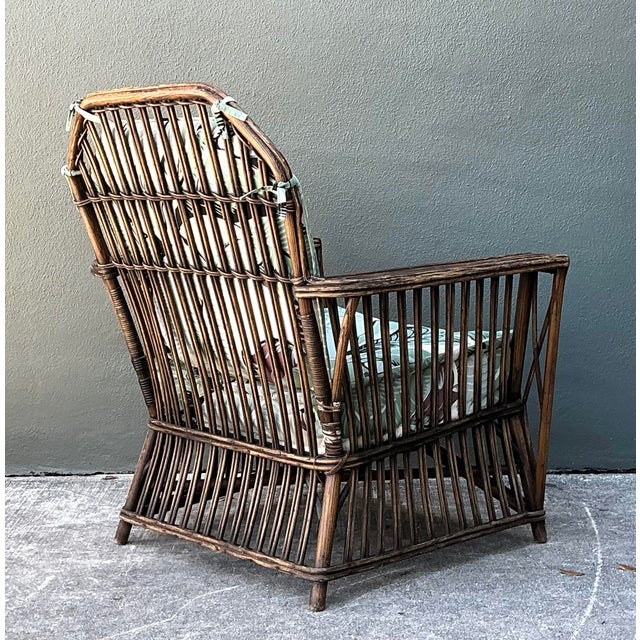 Coffee Vintage Stuck Rattan Lounge Chair in Stockwell Performance “Martinique” For Sale - Image 8 of 12