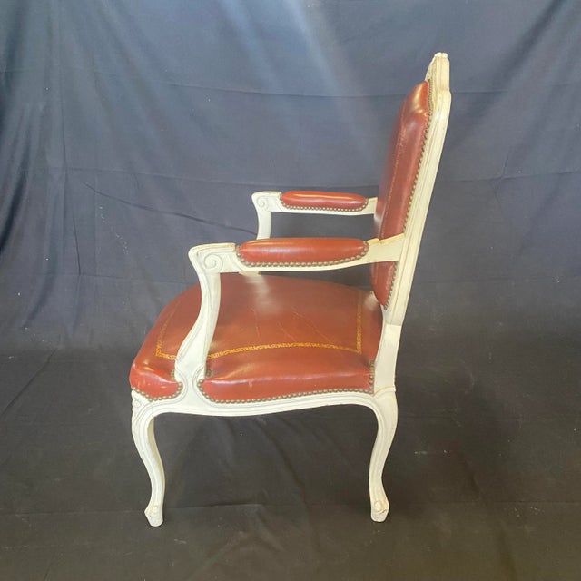 Caramel Leather and White Painted French Armchairs - Set of 7 For Sale - Image 10 of 13