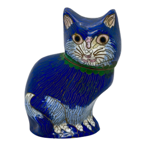 Vintage Blue Enamel on Brass Cloisonné Cat Figurine Jar