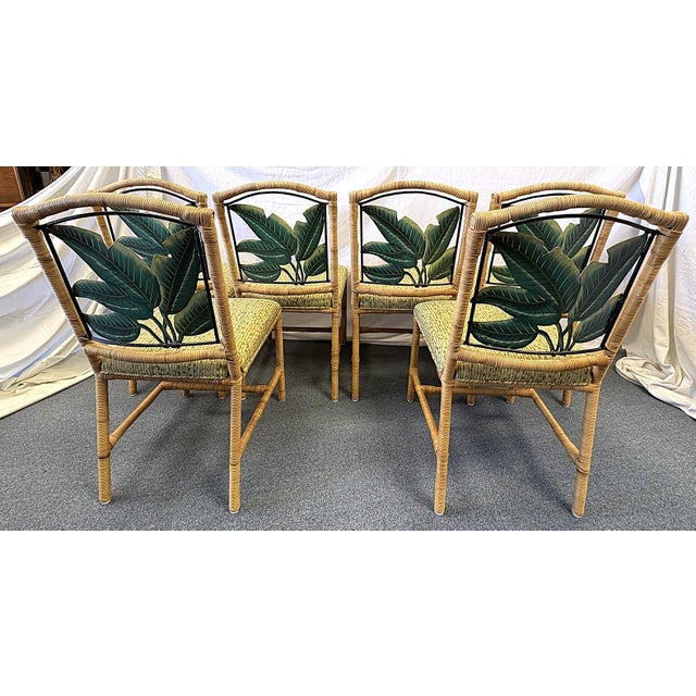Vintage McGuire Style Rattan Wrapped Dining Chairs With Banana Leaf Back Detail- Set of 6 For Sale - Image 11 of 18